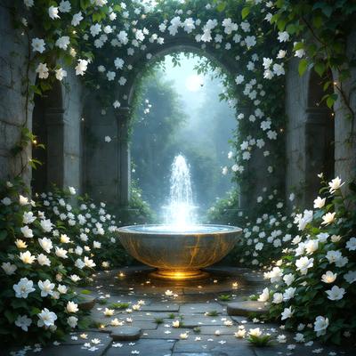 Primary subject: A fountain with a gold bowl, surrounded by white flowers and greenery.

Setting/background: The fountain is located in a garden, with a stone wall and a stone arch nearby. The garden is filled with white flowers and greenery, creating a serene and peaceful atmosphere.

Visual style: The image is a digital artwork, featuring a beautifully rendered fountain, flowers, and greenery.

Colors and mood: The dominant colors in the image are
